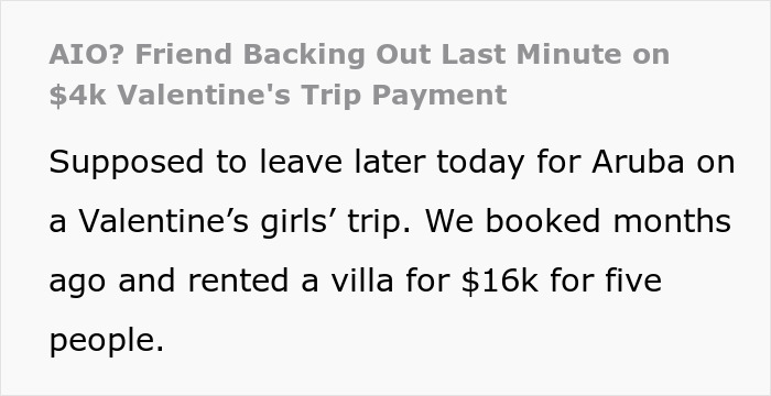 Text discussing a last-minute vacation payment issue, with a friend unable to pay for a Valentine's trip.