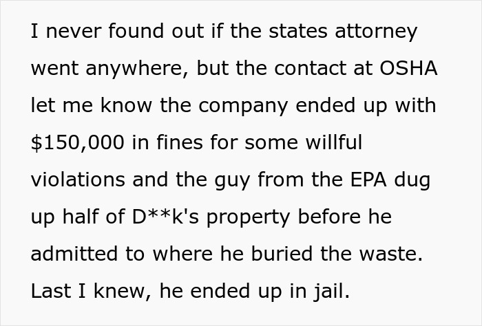 Text describing toxic boss fined $150K and jailed due to employee's exit strategy.