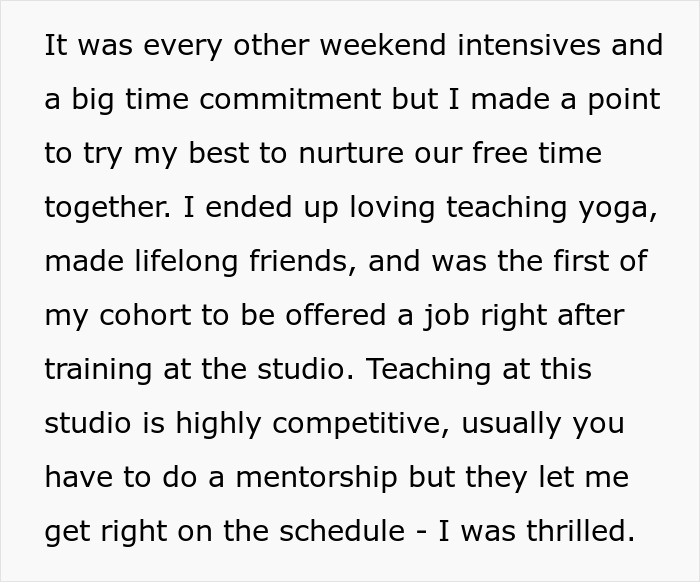 Text detailing a woman's journey and success in teaching yoga, highlighting her commitment and accomplishment.