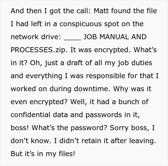 Text about a boss finding an encrypted job manual file containing confidential data and passwords on the network drive.