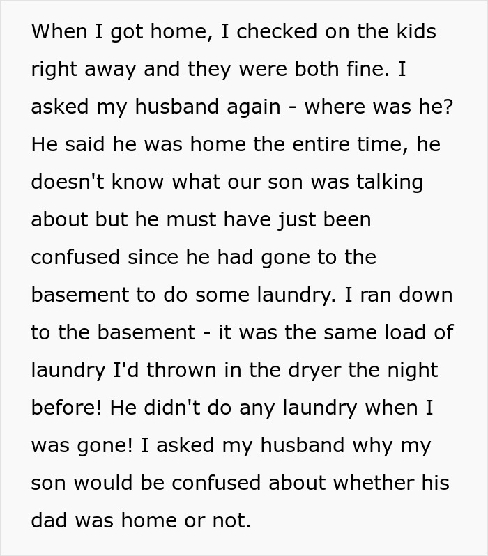 Text exchange discussing husband denying leaving children home alone. Wife questions his whereabouts during her absence.