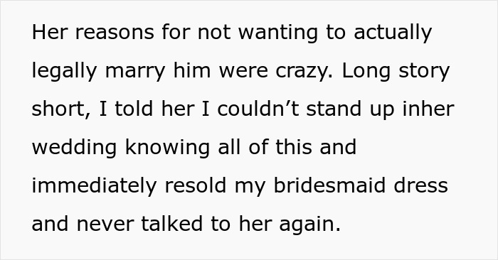 Text about a woman ending a friendship after discovering her friend's fake wedding plans.