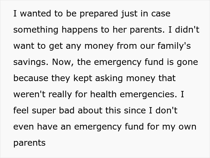 Text on financial strain due to daughter's parents' money requests.