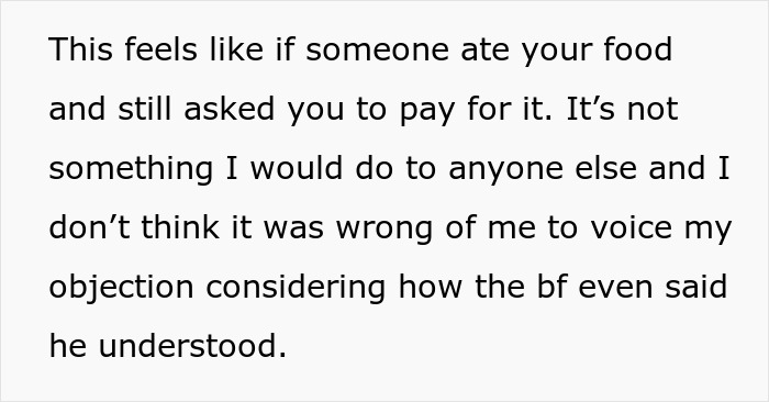 Text expressing a woman's viewpoint on not paying for friends' meal taken home.