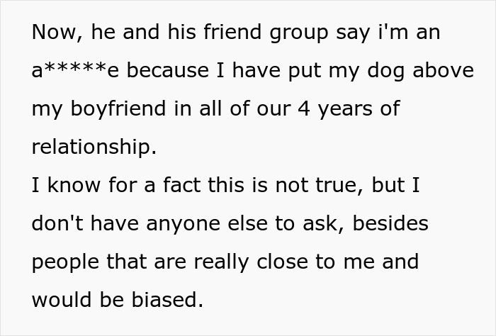 Text about a woman prioritizing her lost dog over her boyfriend in a heated relationship discussion.