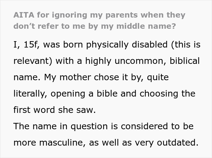 “Text about a mom choosing a biblical name for daughter by opening a Bible, leading to issues with the uncommon choice.”