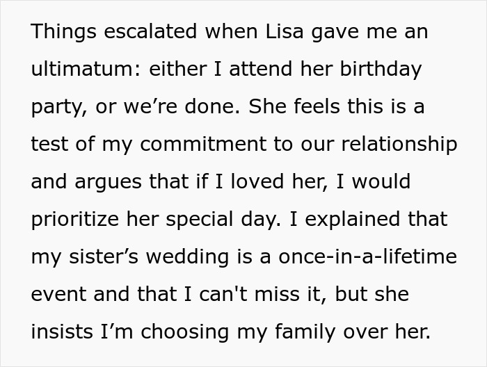 Text excerpt about a woman giving her boyfriend an ultimatum to attend her birthday party.