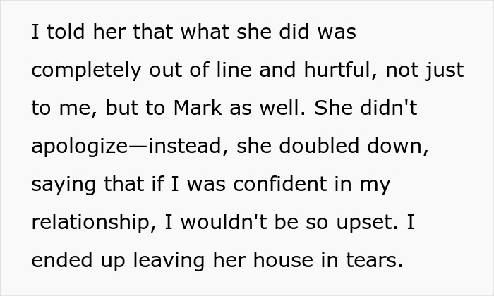 Text about a hurtful incident involving a sister's fiancé, ending in tears.