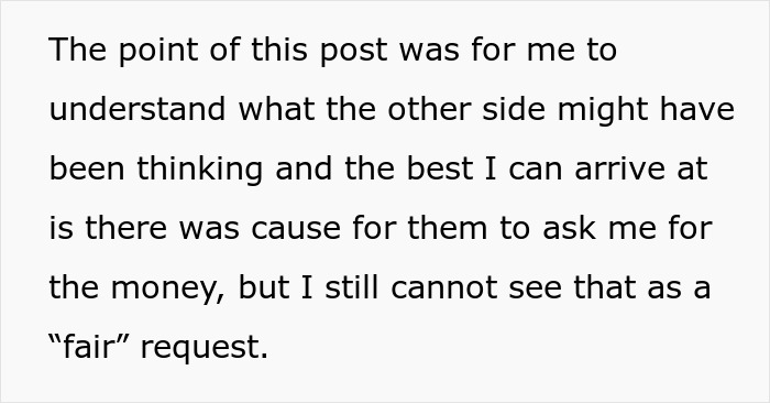 Text discussing a woman refusing to pay a meal cost her friends took home, questioning the fairness of the request.