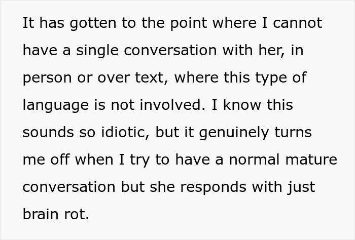 Text excerpt about boyfriend's frustration over girlfriend's "brain rot" language.