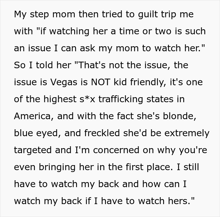 Text reveals a woman's concern about babysitting in Vegas due to safety, discussing issues with her stepmom.