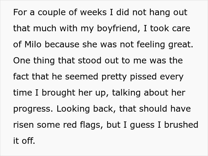 Text about a woman noting red flags in her boyfriend's behavior while caring for her sick dog.