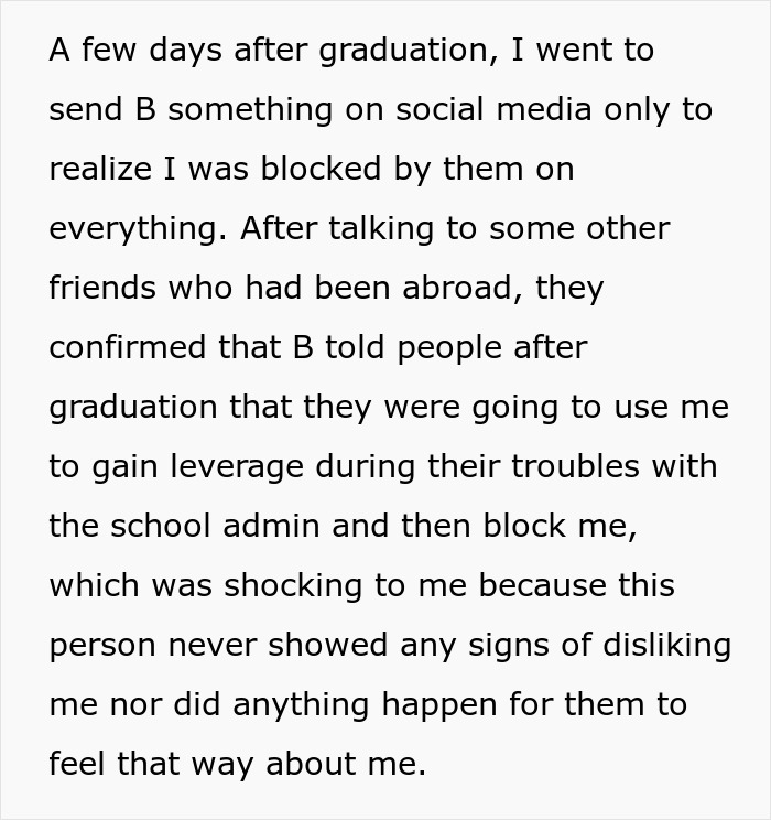 Text discussing being used by a friend post-graduation, leading to social media blocking.