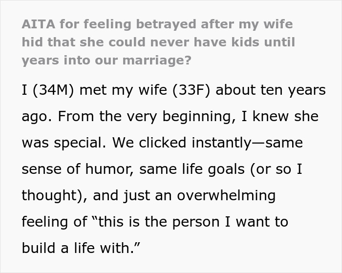 Text about husband's feelings of betrayal over wife's secret about not having kids.