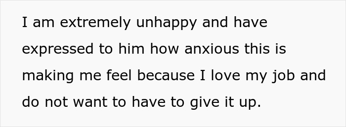 Text about marital conflict over job concerns, expressing distress and unwillingness to resign.