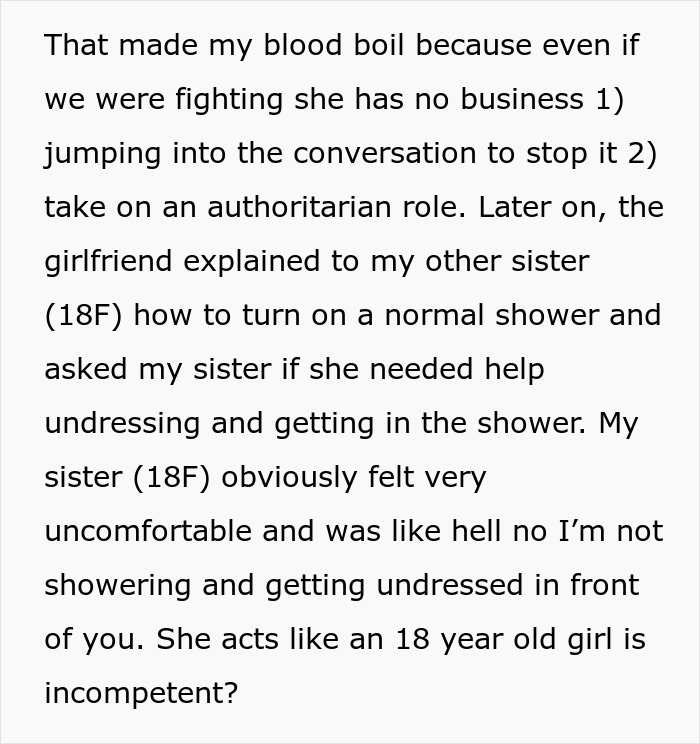 Text excerpt about a young woman upset by her dad's girlfriend parenting her sister.