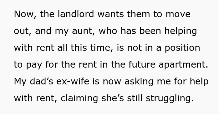 Text discussing a dad's ex-wife asking for rent assistance due to financial struggles.