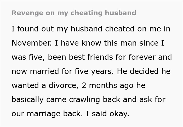 Text screenshot describing a woman's story about her cheating husband and their relationship history.