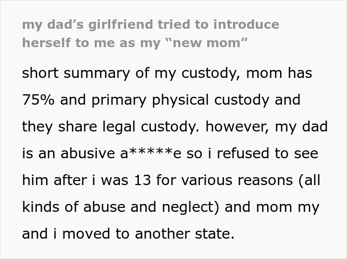 Text about dad's girlfriend introducing herself as "new mom" and custody issues.