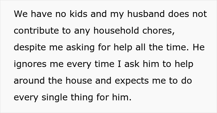 Text describing marital issues over household chores and job-related divorce threat.