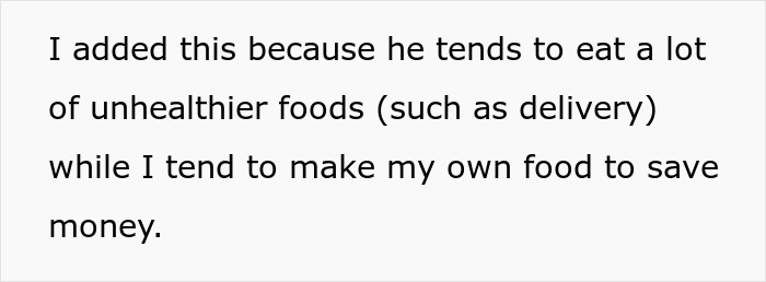 Text discussing roommate's eating habits of unhealthier foods versus homemade meals for saving money.