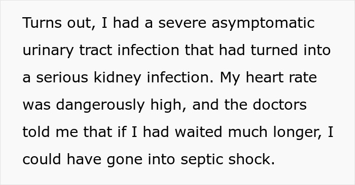 Text detailing a severe asymptomatic urinary tract infection progressing to a risk of septic shock.