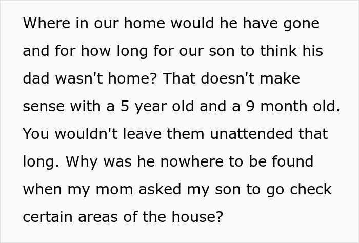 Text questioning husband denying leaving children alone at home.