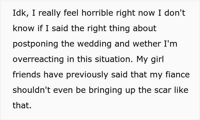 Text discusses postponing a wedding due to a groom's comment about a scar, causing the fiancée to feel upset.