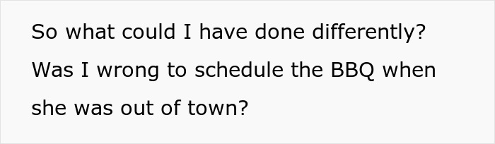 Text discussing scheduling a BBQ while someone was out of town, related to vegan family dynamics and feelings.