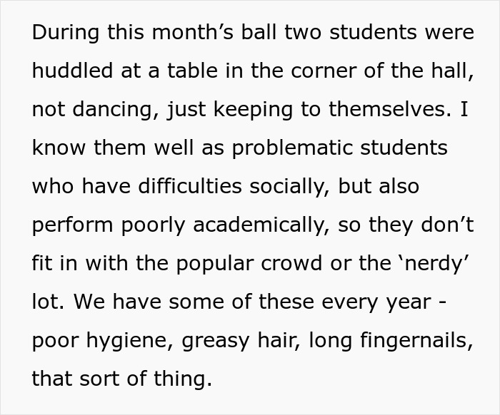 Text about problematic students with social difficulties and poor hygiene, not participating in a monthly school event.