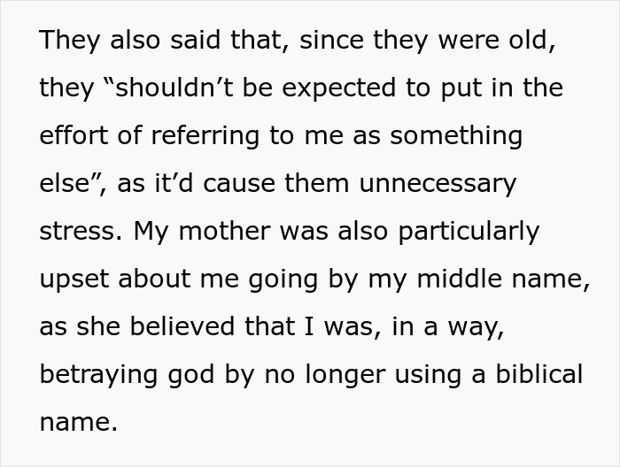 Text about a daughter disliking her biblical name chosen by her mother, expressing frustration.