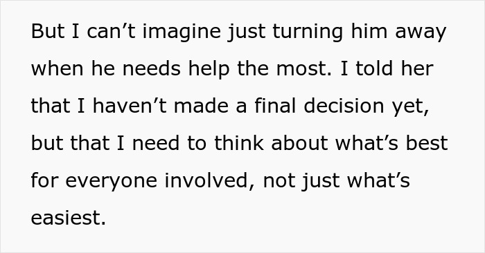 Text discussing a single dad's struggle with the decision to take in his son's best friend.