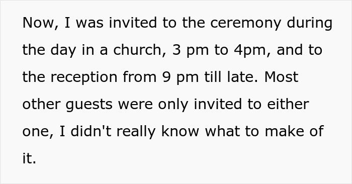 Wedding guest shares feelings after attending ceremony and reception but excluded from dinner, expressing confusion.