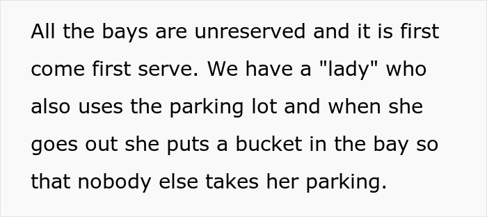 Text about unreserved parking and a woman using a bucket to save a spot, related to HOA chair's wife parking habits.