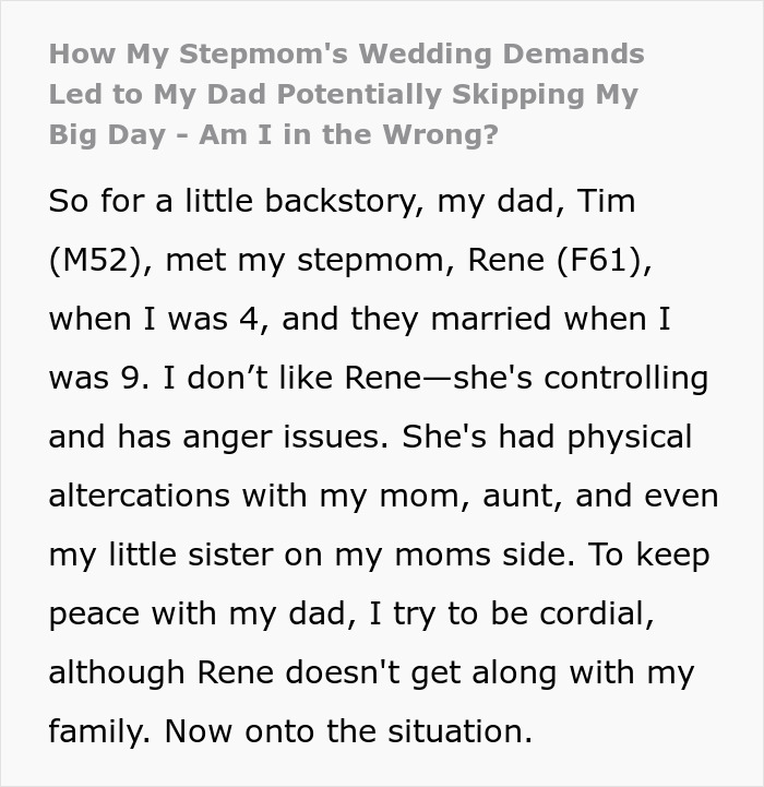 Text describing wedding demands and family conflicts between stepmom and daughter.