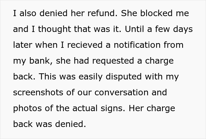 Text image about a denied refund request initiated by a bridezilla, mentioning a bank chargeback attempt.