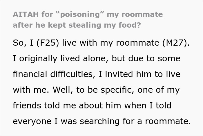 Text discussing a roommate conflict over food and allergies.