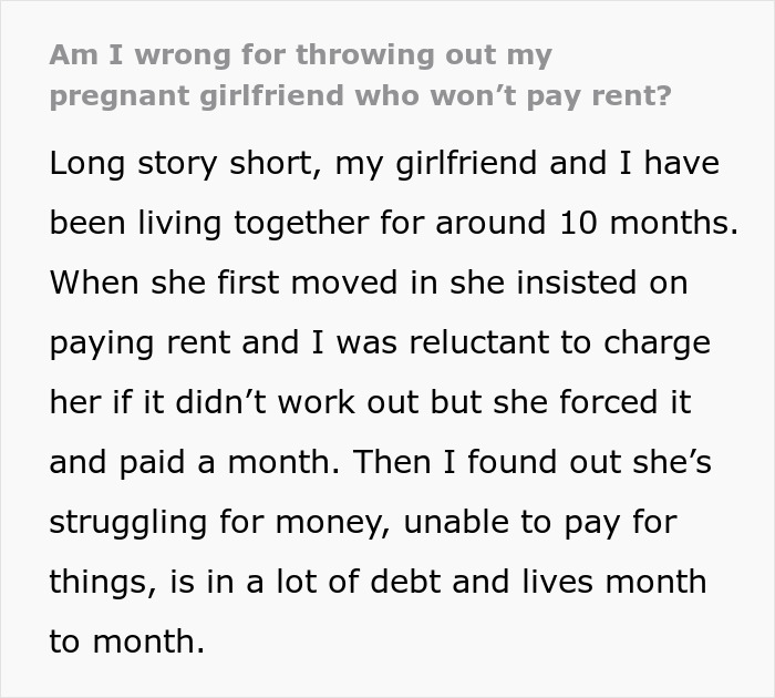 Text screenshot about pregnant girlfriend not paying rent, includes discussion on money struggles and debt issues.