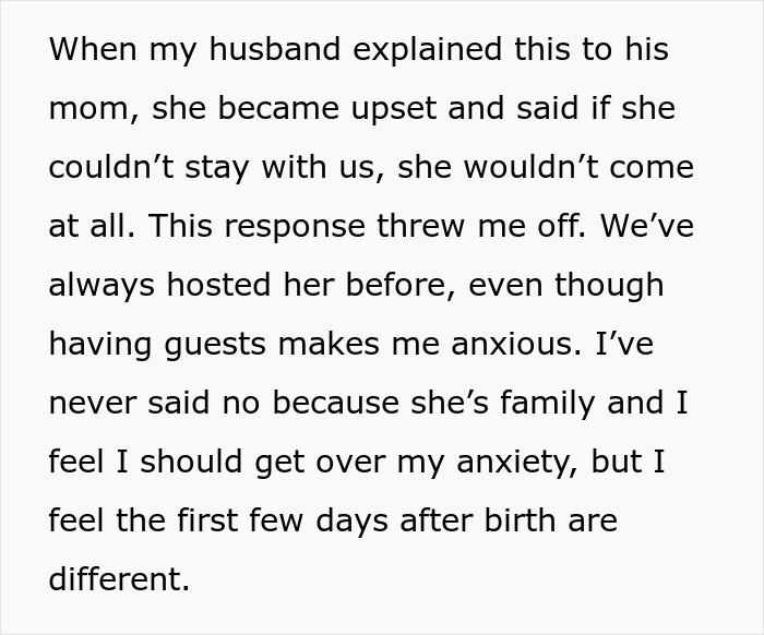 Text describing an upset MIL's reaction to DIL's post-birth hospitality concerns.