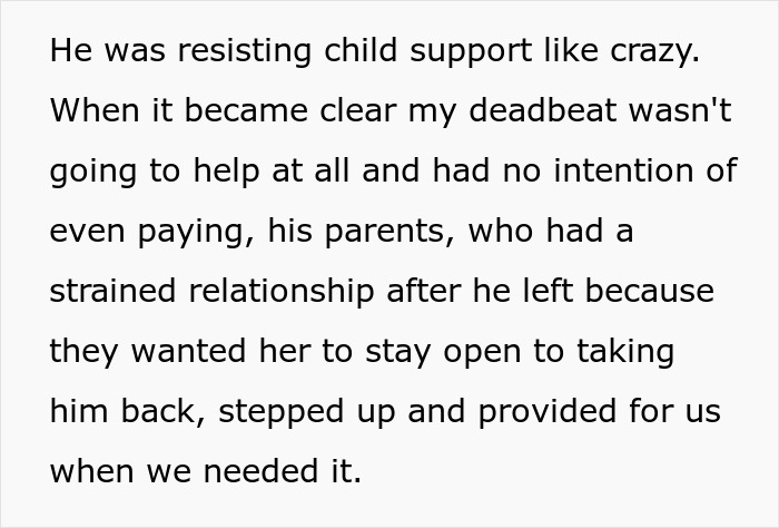 Text recounting a deadbeat father evading child support, with grandparents assisting.