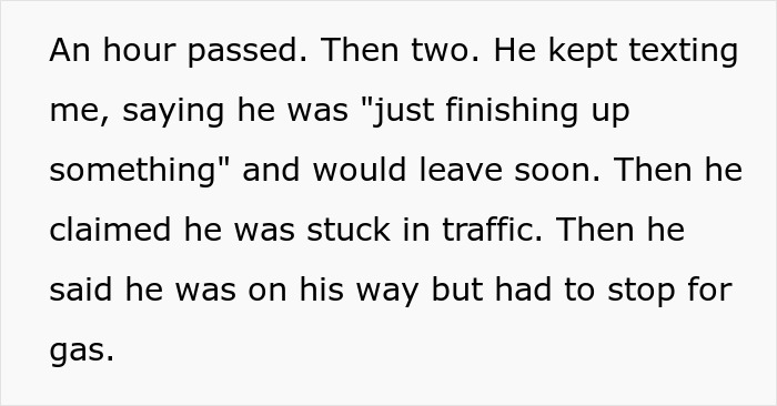 Text conversation describing husband's delays after wife's SOS call, impacts marriage.