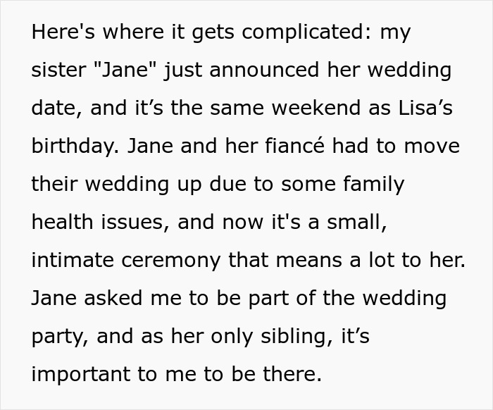 Text about a sister's wedding conflicting with a birthday party ultimatum.