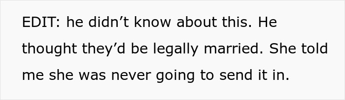 Text detailing a situation about a fake wedding revelation and lack of legal marriage.