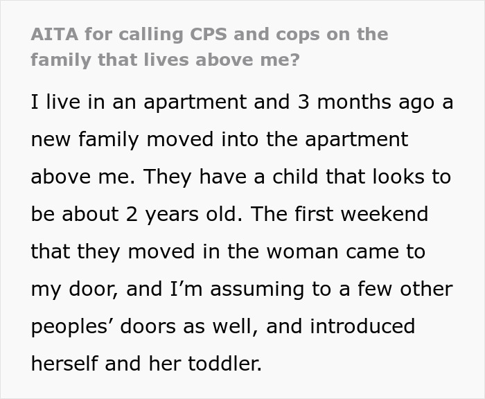 Text discussing neighbor calling CPS due to toddler's tantrums in a new apartment setting.