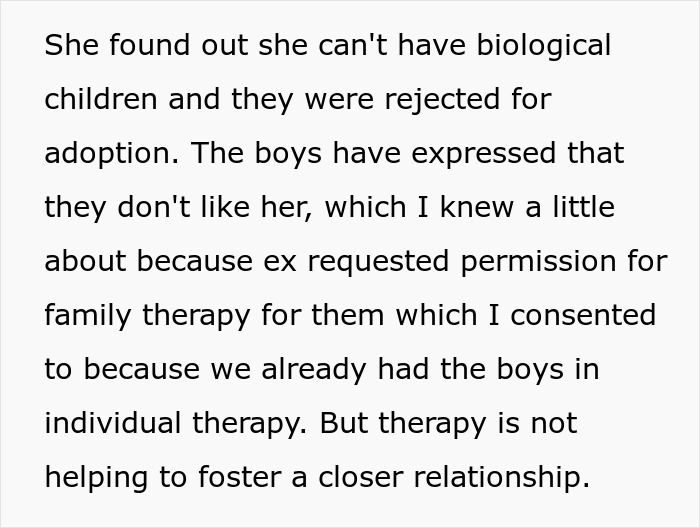 Text about family therapy failing to help kids bond with their stepmom.