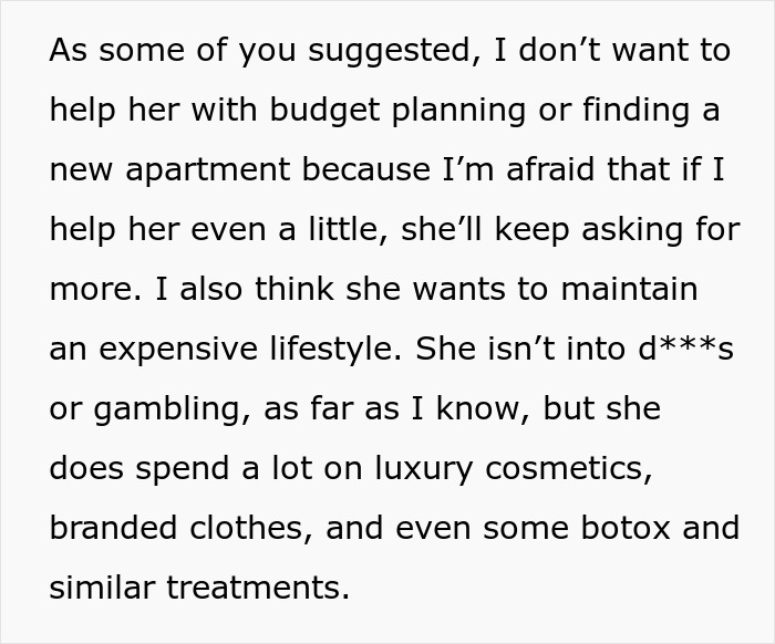 Text discussing refusal to help dad's ex-wife financially due to her spending habits.