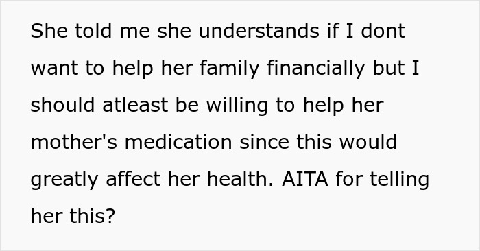 Text discussion about financial help for family, focusing on medication funding obligation.