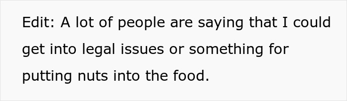 Text expressing concerns about legal issues regarding food and allergies in a roommate situation.