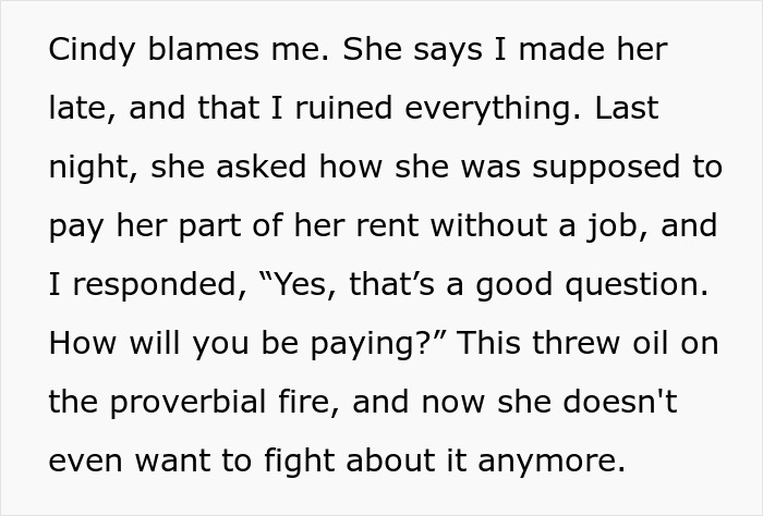 Text about a man's girlfriend blaming him for being late and losing her job, affecting rent payment plans.