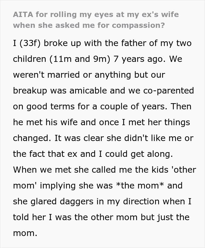 Text discussing a mom refusing sympathy to her kids' stepmom over bonding issues.